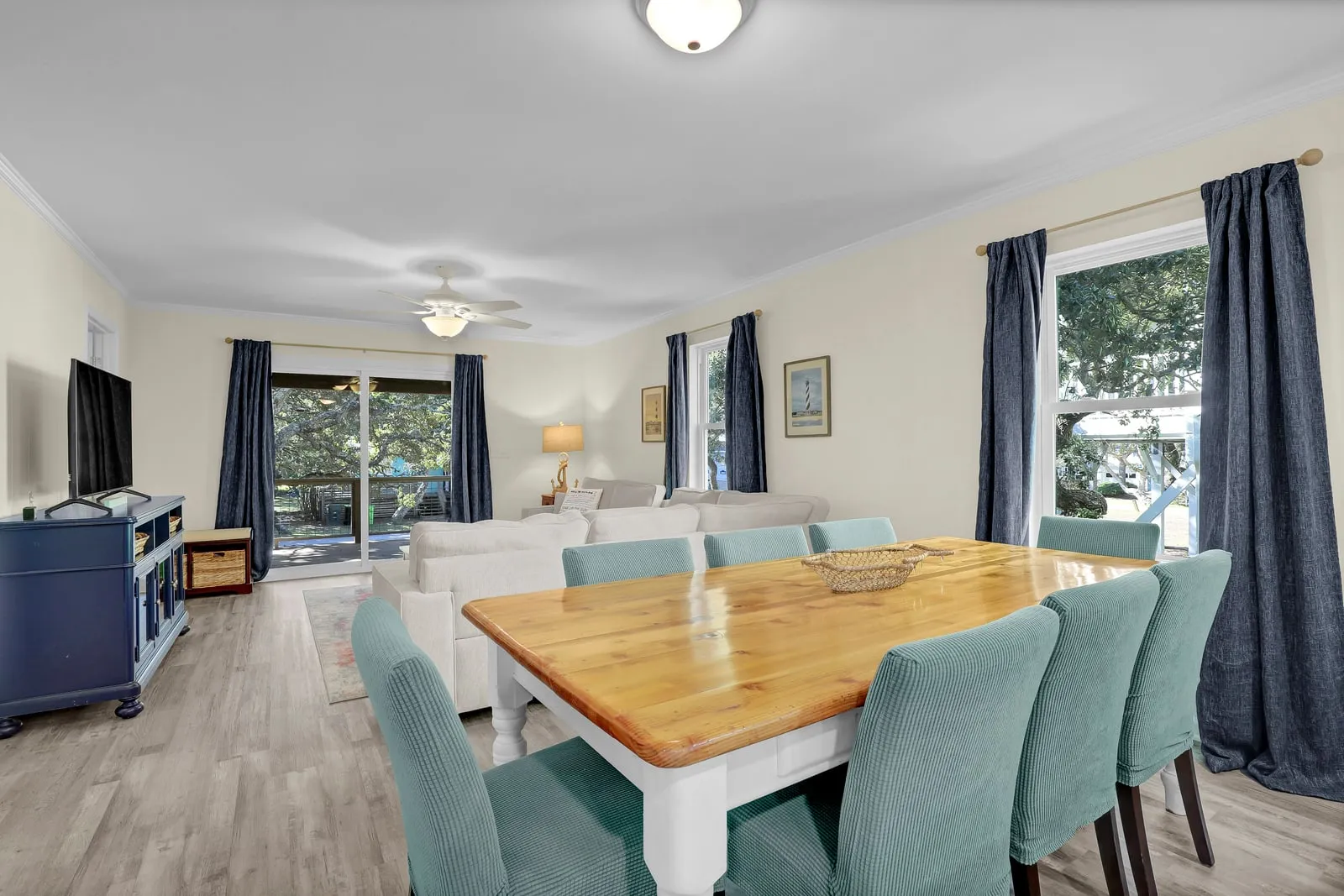Indoor dining area with a large table seating the whole group